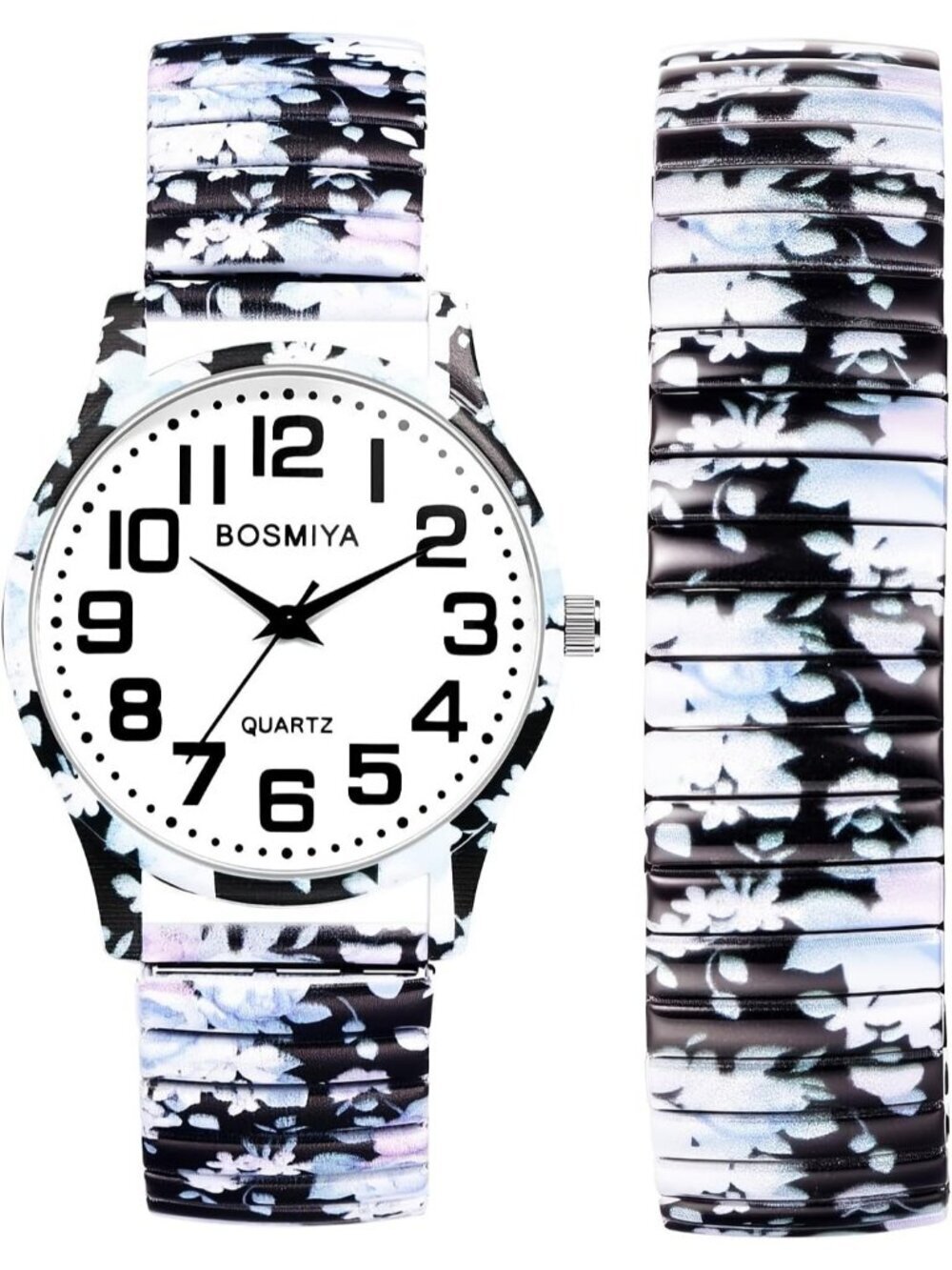 Womens Black And White Analog Number Elastic Stretch Band Bohemia Bracelet Watch